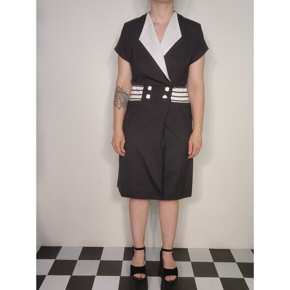 50s Vtg Kevin Stuart Petite Black White Mod Midi Business Collared Dress Sz Sm - Picture 4 of 10